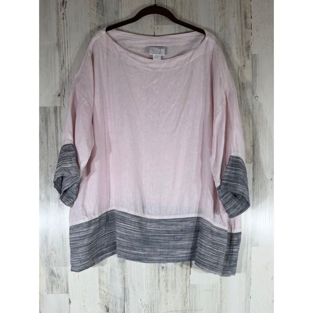 La Fixsun Pink Gray Tunic Top Size XL Made in USA 100% Linen Oversized Lagenlook